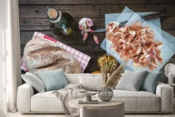 Naklejka: Jamón, pan, tomate, aceite de oliva y ajo para hacer el típico