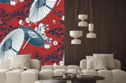 Naklejka: Japanese traditional vector illustration sakura umbrella pattern