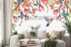 Naklejka: Japoński wzór z kwiatami i ptakami