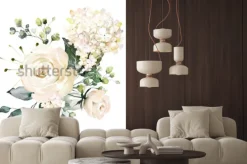 Naklejka: Jasne kwiaty hortensji i róż na białym tle