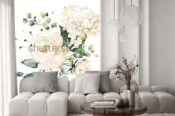 Naklejka: Jasne kwiaty hortensji i róż na białym tle