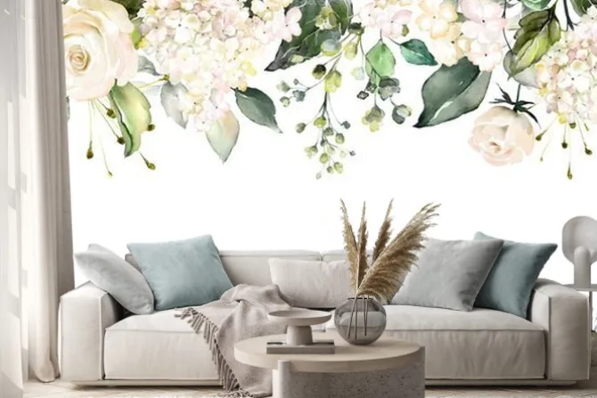 Naklejka: Jasne kwiaty i zielone liście na białym tle