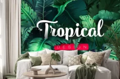 Naklejka: Jasne tropikalne tło z roślinami dżungli. egzotyczny wzór tropikalnych