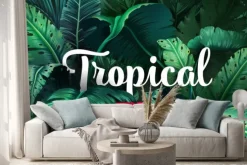 Naklejka: Jasne tropikalne tło z roślinami dżungli. egzotyczny wzór tropikalnych