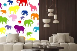 Naklejka: Jednolite tło z kolorowych słoni sylwetki
