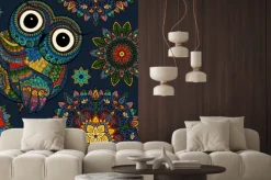 Naklejka: Jednolite wzór z ozdobnymi kolorów sowa z kwiatami i mandali.