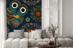 Naklejka: Jednolite wzór z ozdobnymi kolorów sowa z kwiatami i mandali.