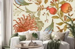 Naklejka: Jednolite wzór z chrysantemums, granaty i ptaków.