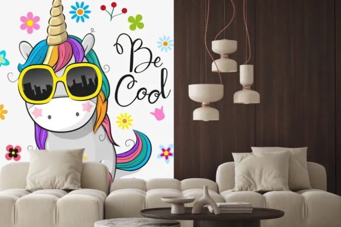 Naklejka: Jednorożec w okularach z napisem be cool i kwiatkami