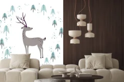 Naklejka: Jeleń w lesie zima sosny na białym tle.