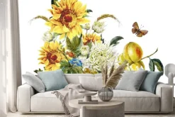 Naklejka: Jesienna kompozycja z owocami i słonecznikami