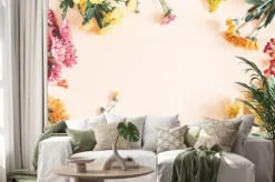 Naklejka: Jesienna kompozycja. rama wykonana ze świeżych kwiatów na pastelowym