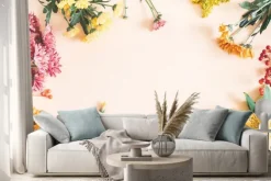 Naklejka: Jesienna kompozycja. rama wykonana ze świeżych kwiatów na pastelowym