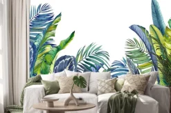 Naklejka: Jungle wallpaper with tropical palm, banana and calathea leaves.