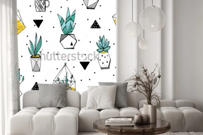 Naklejka: Kaktusy i sukulenty w donicach w stylu skandynawskim