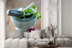 Naklejka: Kamień tłuczek i moździerz z miętą i czosnkiem