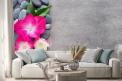 Naklejka: Kamienie i kwiaty spa, na szarym tle.