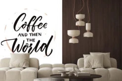 Naklejka: Kawa i wtedy świat. rano motywacja cytat, kawa powiedzenie. wektor