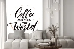 Naklejka: Kawa i wtedy świat. rano motywacja cytat, kawa powiedzenie. wektor