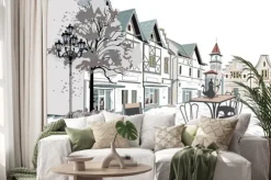 Naklejka: Kawiarenka na starym mieście w stylu akwarelowym