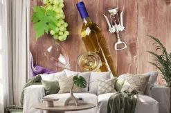 Naklejka: Kiść winogron, wina białego i korkociąg