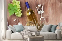 Naklejka: Kiść winogron, wina białego i korkociąg