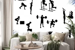 Naklejka: Kilka męskich sylwetek robi różne ćwiczenia crossfit i pracy