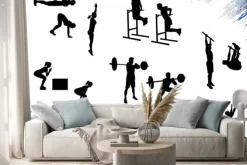 Naklejka: Kilka męskich sylwetek robi różne ćwiczenia crossfit i pracy