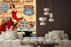 Naklejka: Klasyczny american diner z retro autem i pin-up girl