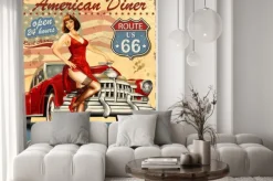 Naklejka: Klasyczny american diner z retro autem i pin-up girl
