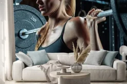 Naklejka: Kobieta przygotowująca się do przysiadów ze sztangą na siłowni