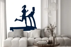 Naklejka: Kobieta robi ćwiczenia na bieżni, na białym tle,