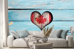 Naklejka: Kocham kanady. serce i flagi na niebieskim drewnianym pokładzie