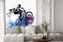 Naklejka: Kolarz bmx wykonujący trik na jednym kole