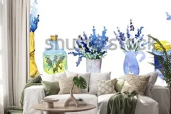 Naklejka: Kolekcja lawenda kwitnie na białym tle. zestaw vintage kwiaty.