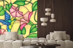 Naklejka: Koliber i różowe kwiaty w stylu witrażu
