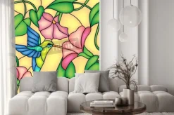 Naklejka: Koliber i różowe kwiaty w stylu witrażu