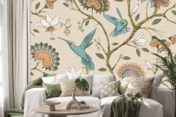 Naklejka: Kolibry wśród stylizowanych kwiatów