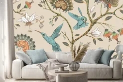 Naklejka: Kolibry wśród stylizowanych kwiatów