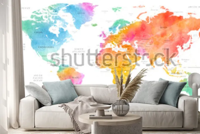 Naklejka: Kolorowa cieniowana mapa świata w stylu akwareli