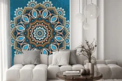 Naklejka: Kolorowa mandala na niebieskim tle