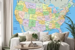 Naklejka: Kolorowa mapa usa z nazwami stanów i miast