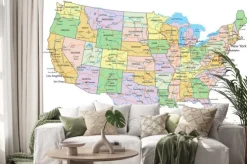 Naklejka: Kolorowa mapa usa z nazwami stanów i miast