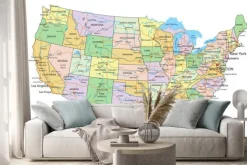 Naklejka: Kolorowa mapa usa z nazwami stanów i miast