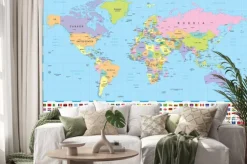 Naklejka: Kolorowa mapa świata z flagami państw