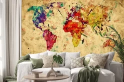 Naklejka: Kolorowa mapa świata malowana akwarelą w stylu vintage