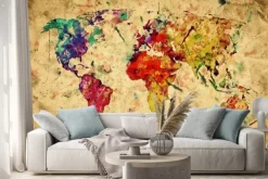 Naklejka: Kolorowa mapa świata malowana akwarelą w stylu vintage