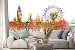 Naklejka: Kolorowa panorama londynu z symbolami