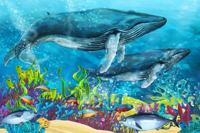 Naklejka: Kolorowa rafa koralowa ryby i wieloryby bajkowy podwodny krajobraz