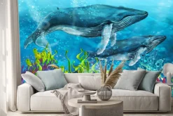 Naklejka: Kolorowa rafa koralowa ryby i wieloryby bajkowy podwodny krajobraz